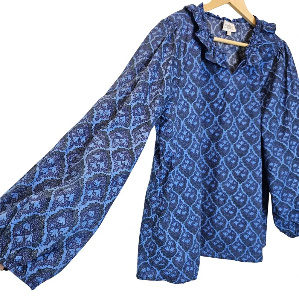 Washco‎ Blue Cotton Ruffle Long Sleeve Folk Blouse Heritage Floral Size XL - Picture 3 of 9